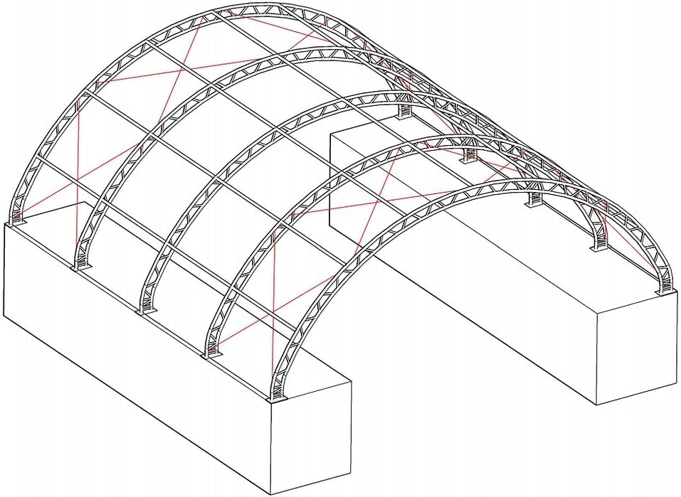 Diagram showing the structural framework of the double truss system with cross bracing.