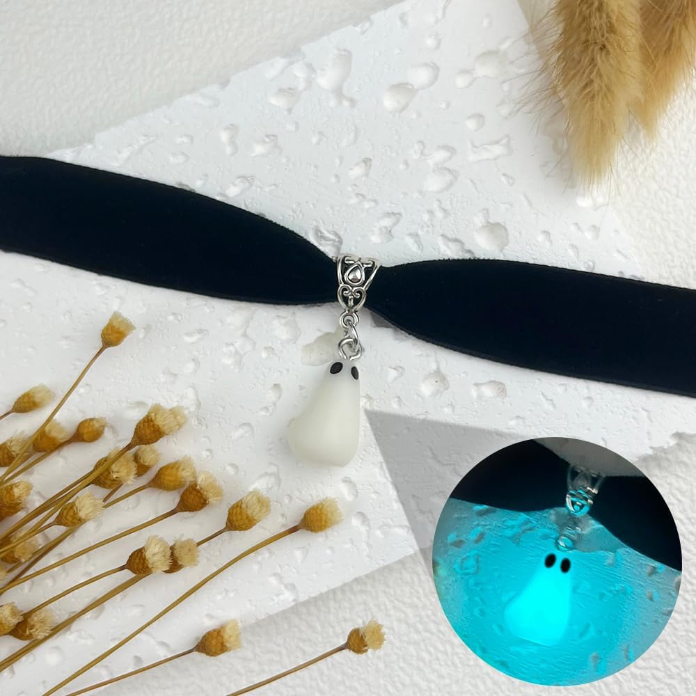 Ghost Necklace (Blue) Glow in The Dark Spooky Pendent Black Velvet Choker Halloween Jewelry Accessories for Women - Image 4