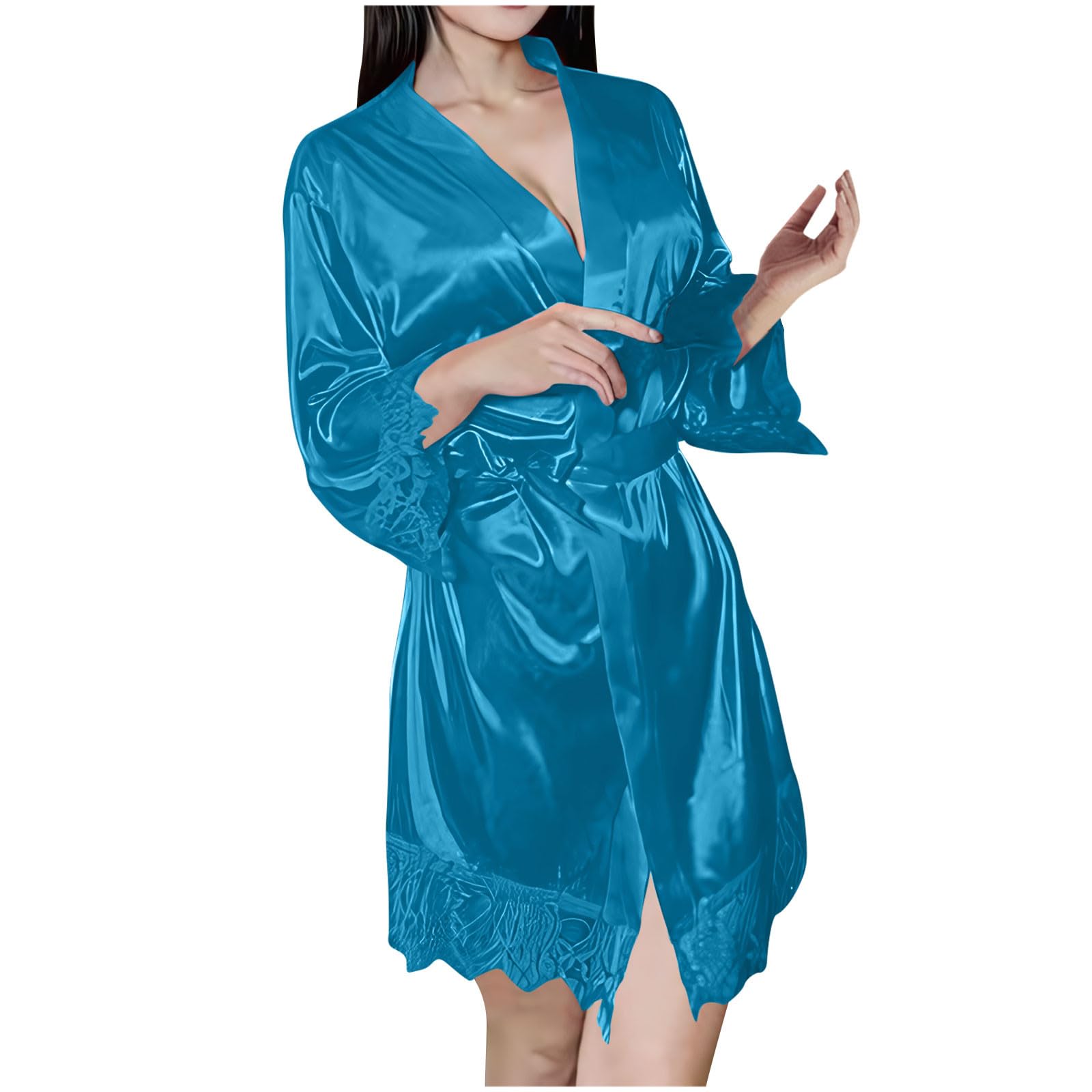 Womens Sexy Nightgown Lace Trim Bathrobe Sleepwear Silk Robes Satin Casual Loungewear Soft Comfy Kimono Lingerie