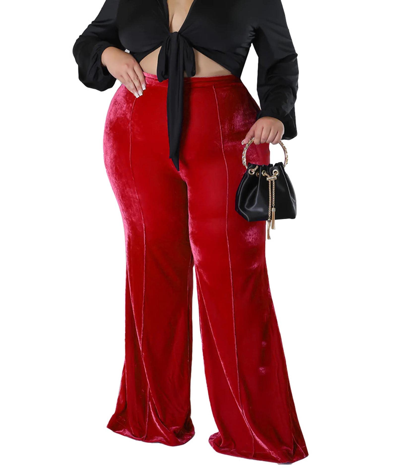 SOMTHRON Womens Plus Size Velvet Pants High Waist Flare Pants Wide Leg Palazzo Long Bell Bottom Trousers