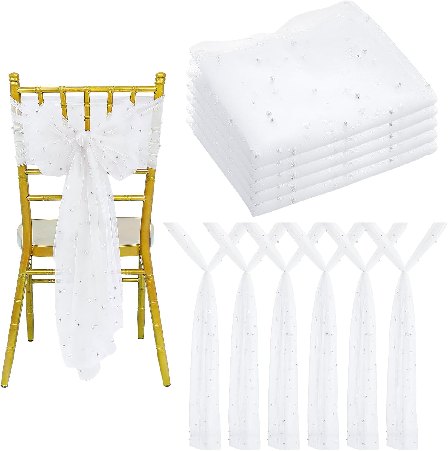 36PCS Wedding Chair Sashes Cover with Pearls 8ft Long Wedding Aisle Decorations Draping Fabric Sheer Church Chair Cover for Party Banquet Outdoor Decor (White)