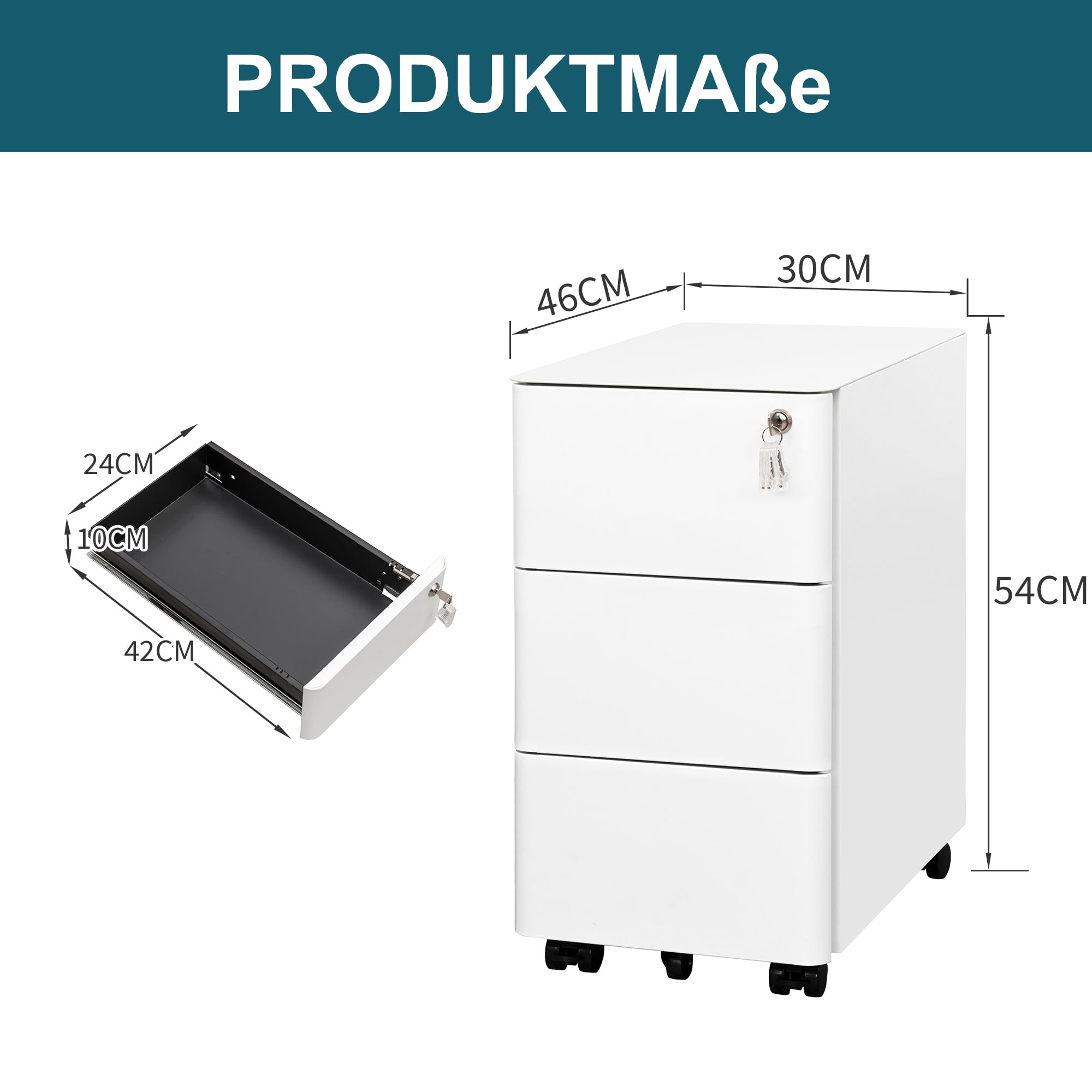 Rollcontainer, Aktenschrank, Schubladenschrank, Büroschrank aus Metall, Vormontiert, Abschließbarer, 4 Schlüsseln,Büro, Homeoffice