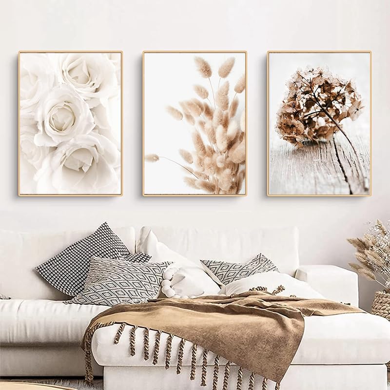 Pintura de arte moderno de flor beige en lámina de 63 x 40 cm para un salón sofisticado