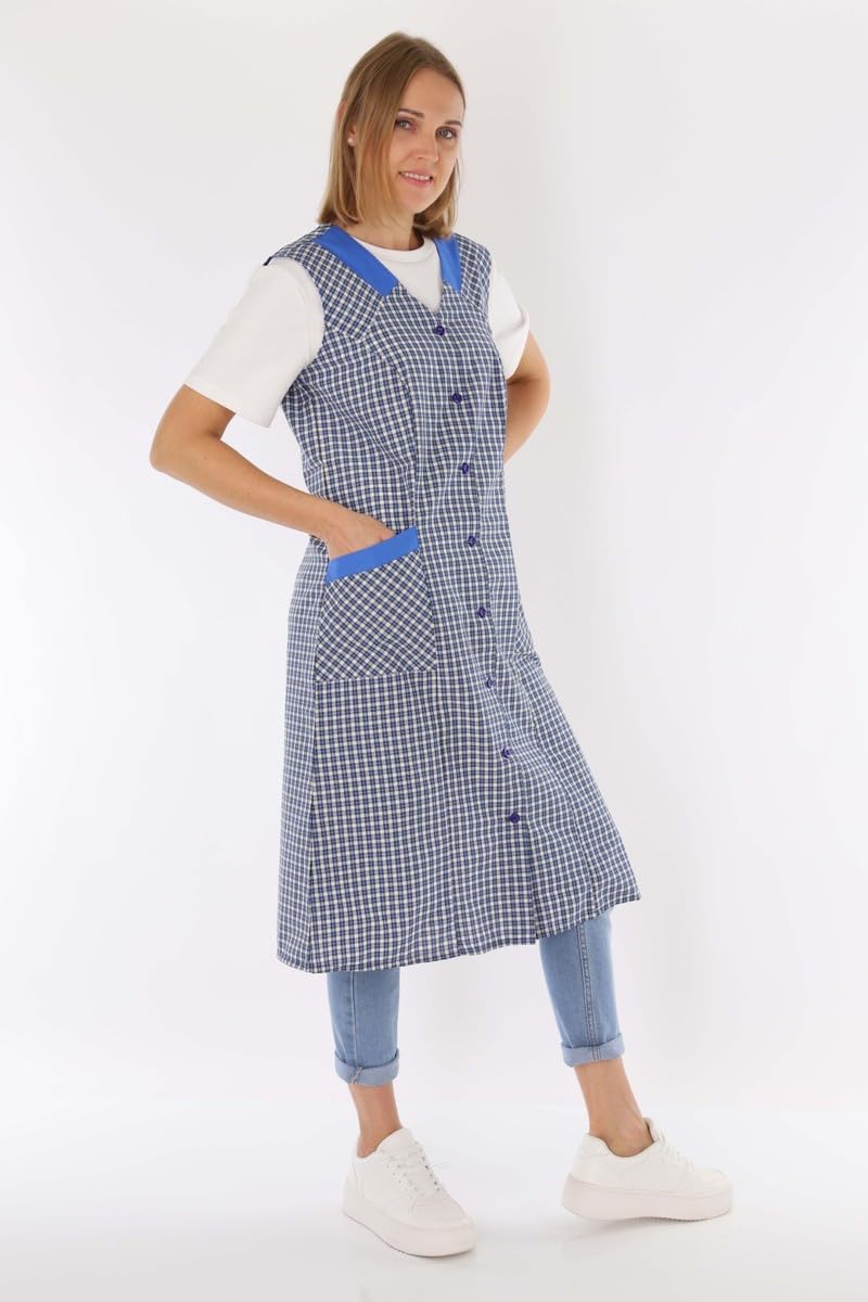 Schuerzenfabrik Delantal con botones para mujer, tejido mixto, a cuadros, sin brazo, delantal de cocina
