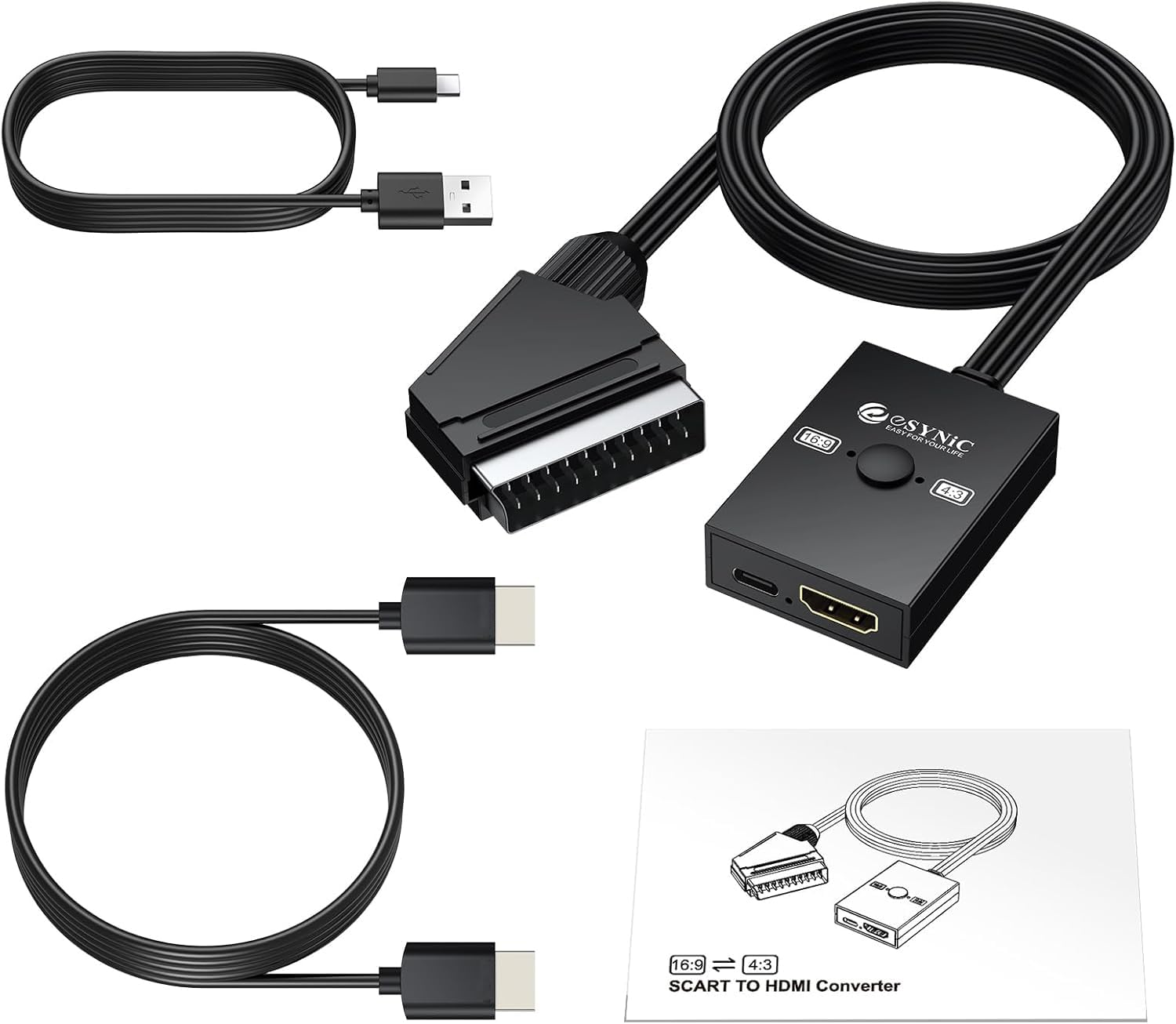 eSynic Câble convertisseur péritel vers HDMI avec commutateur 4:3/16:9, convertisseur audio vidéo 1080p pour HDTV, câble Plug & Play, prise en charge PAL/NTSC pour Wii/PS1/PS2/N64/Xbox
