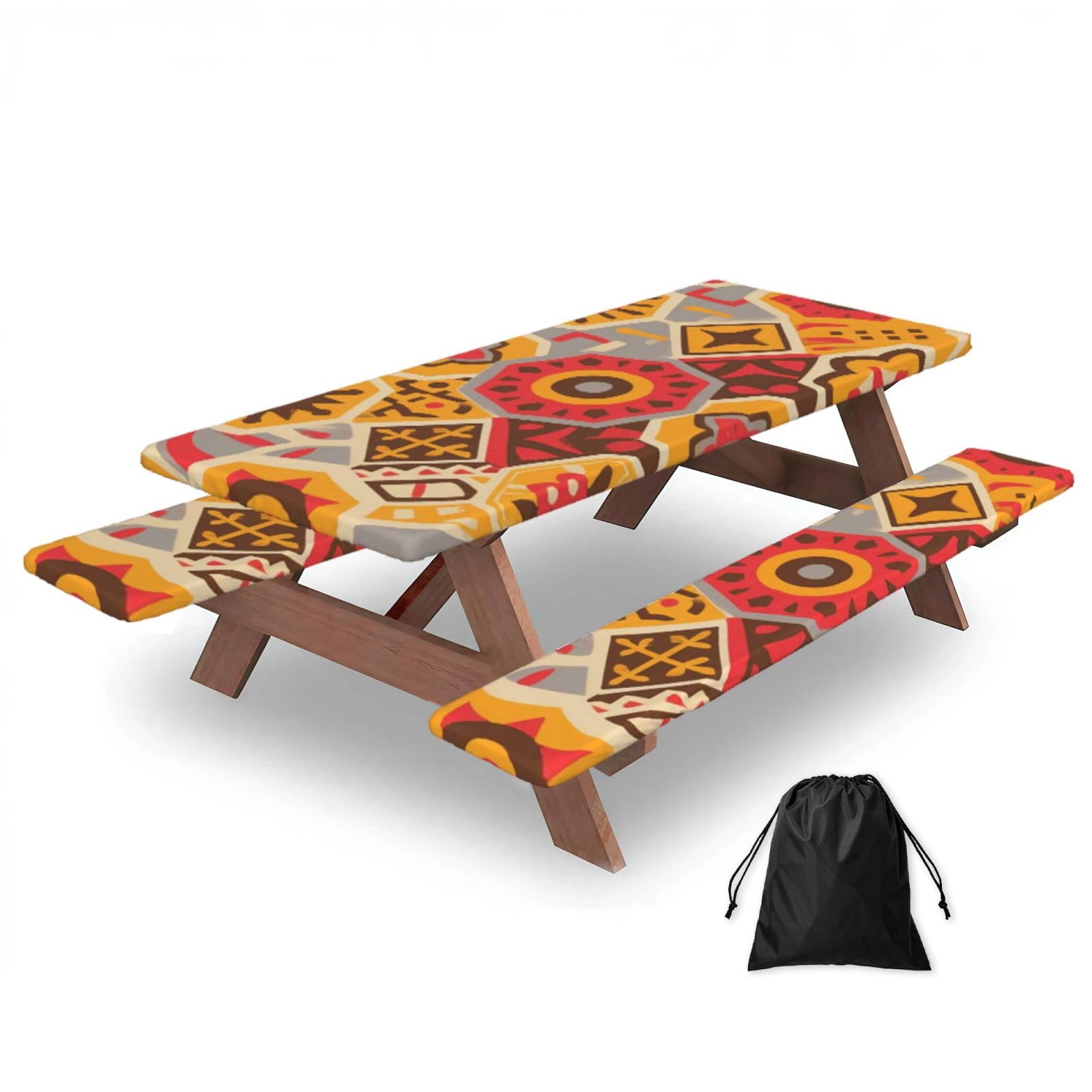 FekiLoot Geometric Pattern Picnic Table Cover with Bench Covers and Bag, Windproof Waterproof Rectangle Tablecloth with Elastic Edges Fitted Camping Table Covers for Picnic Party Travel