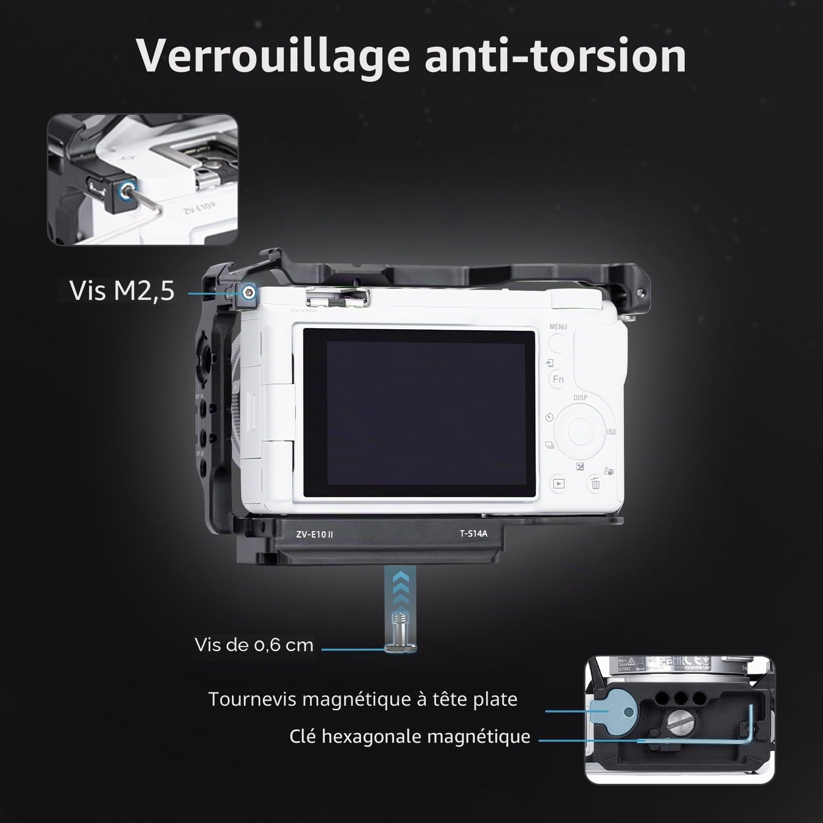 Nitze ZV-E10 II Cage pour Caméra Sony ZV-E10 II, avec 2 Rails NATO Intégrés, Cold Shoe Intégré, Poignée Ergonomique, Plaque de Fixation Rapide pour Arca-Swiss - T-S14A