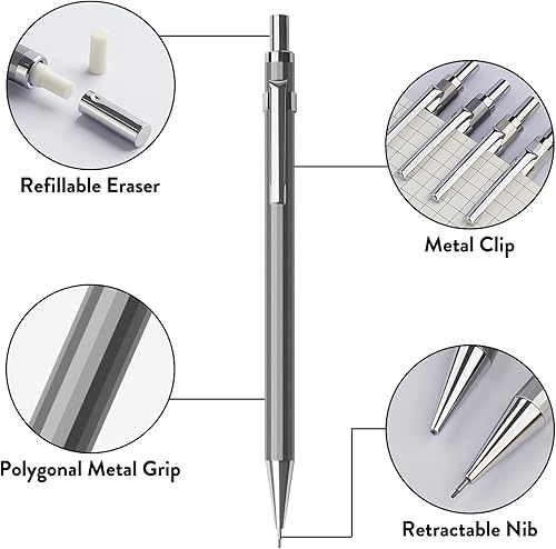 Miniatura 7 de Four Candies Juego de lápices mecánicos de 0028in con funda 4 lápices mecánicos de metal 6 tubos HB 2 3 borradores 4B y 9 repuestos de borrador