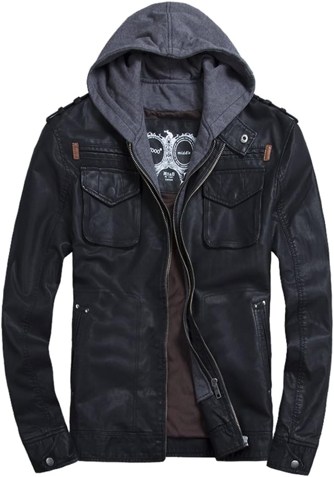 TH000 Mens Classic Zip PU Leather Hooded Biker Rock Punk Jackets Black L