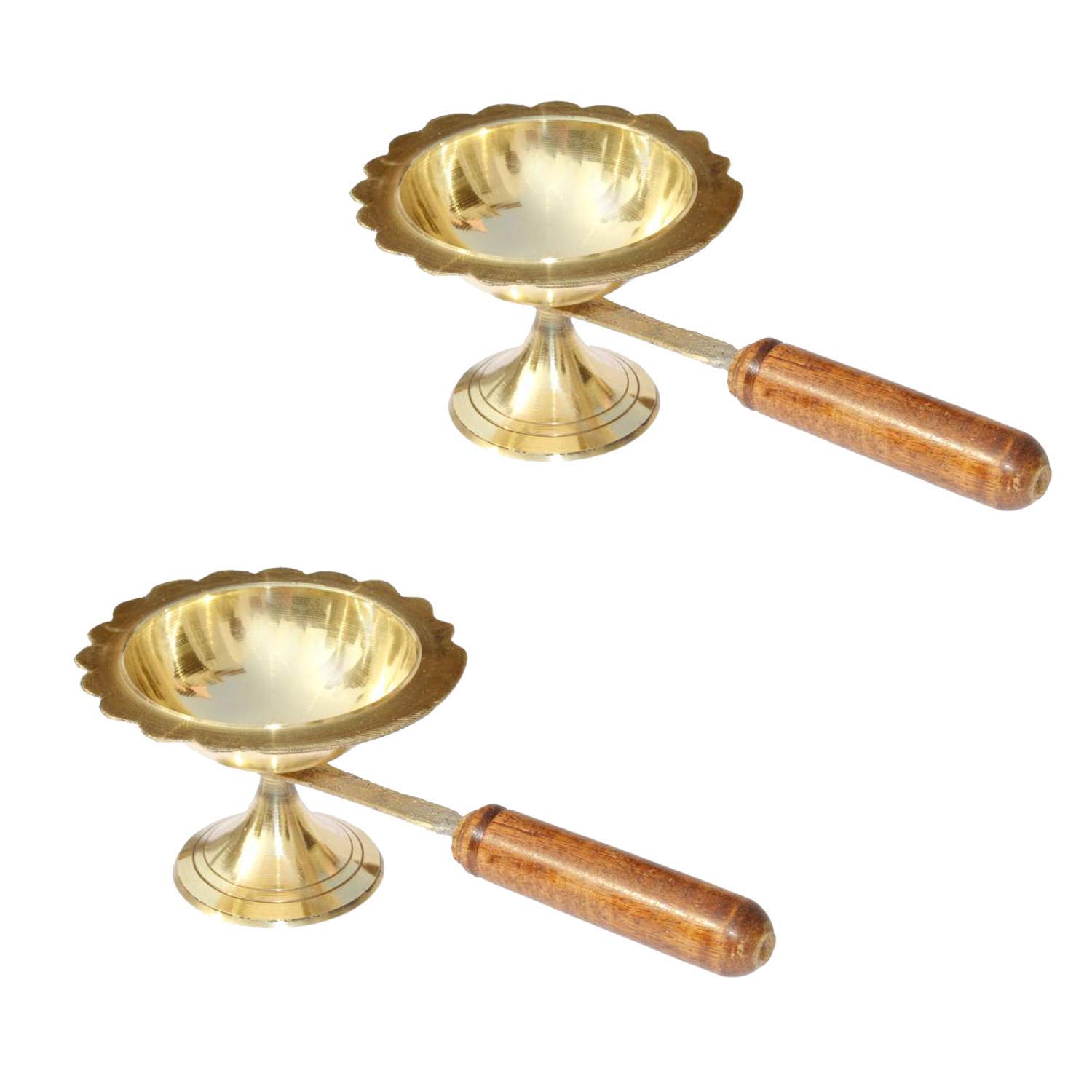 Tip 'n' Top® Brass Table Diya Puja Diya with Long Wooden Handle for Grip and Safety (Brass) (Size- 2 Inch Height) (Pack of 2)