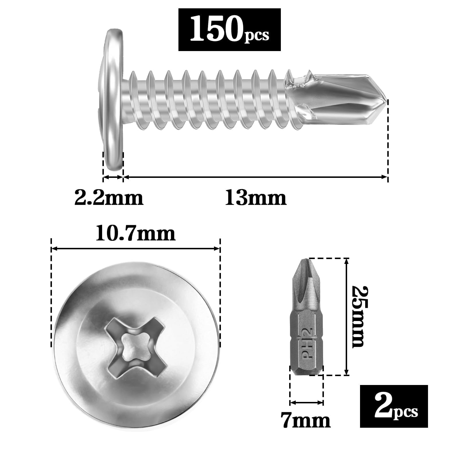 150 Pieces Self-Tapping Screws Stainless Steel 4,2 x 13 mm