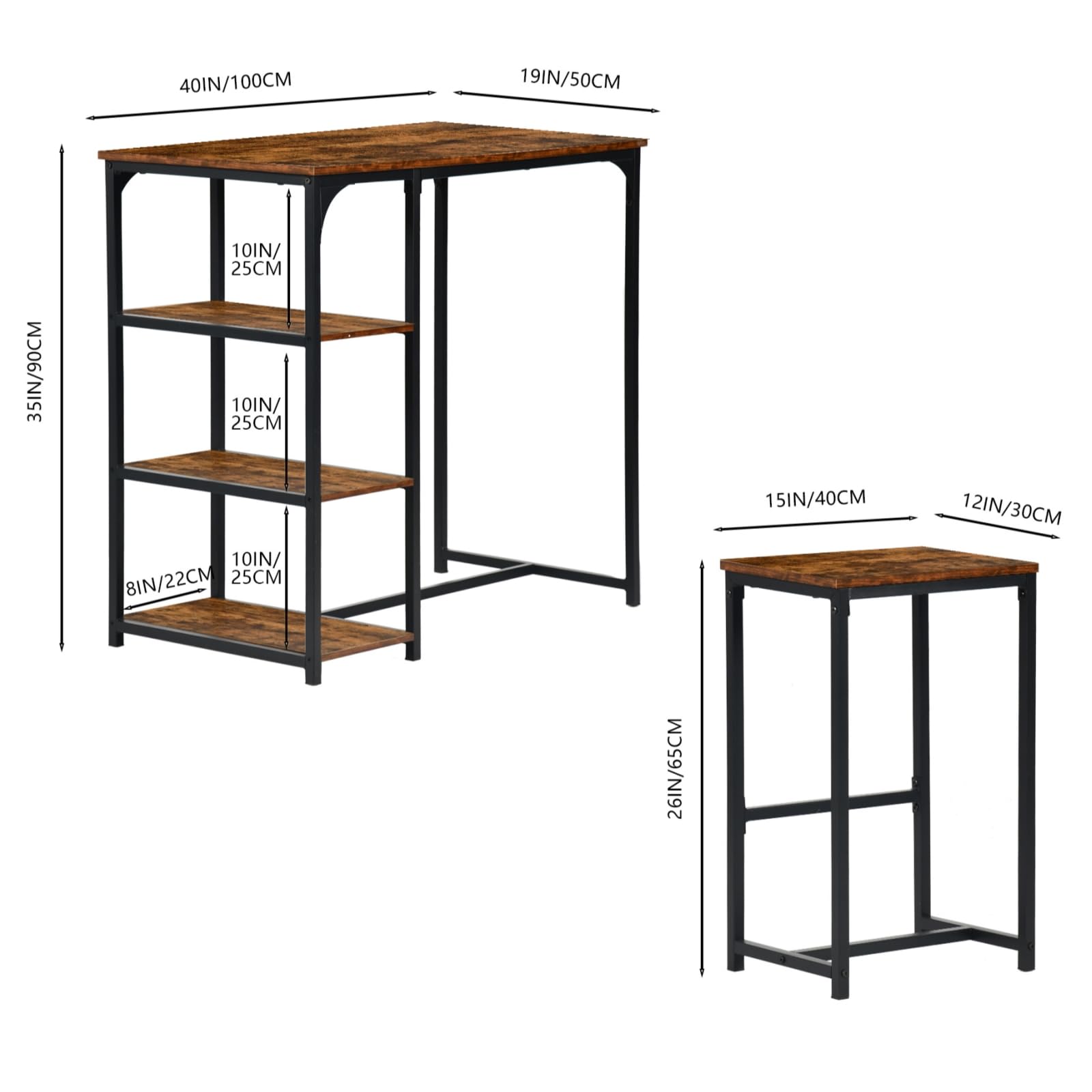 Ensemble Table de Bar avec 2 Tabourets, Table Haute Mange Debout avec 3 Étagères, Style Industriel, pour Petit Espace Cuisine, Salle à Manger, Salon, Bar, Bistrot, Balcon, Marron et Noir