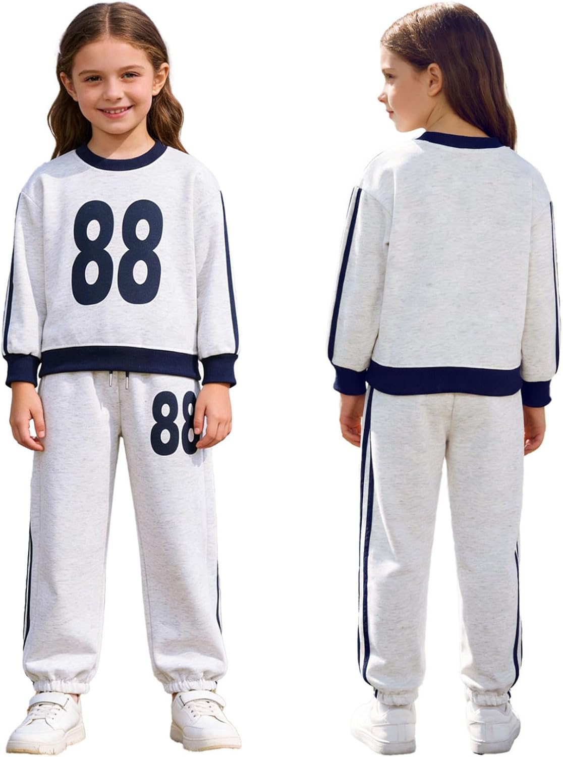Hansber Kids Girls Spring Fall Number Print Sweatsuit Round Neck Pullover Top & Pocket Sweatpants Set