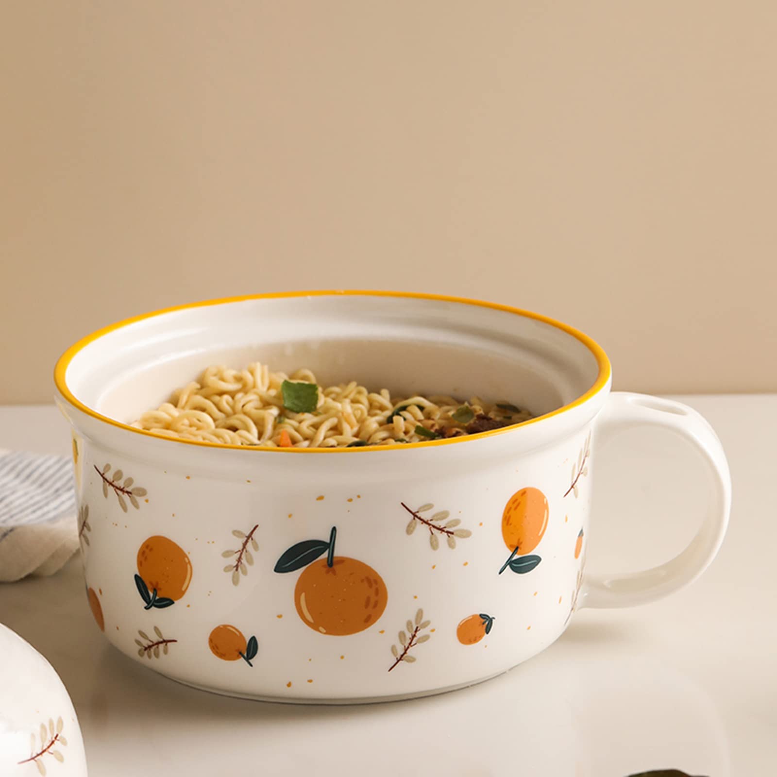 Ceramiczna Miska Na Makaron Instant, Śniadanie/Obiad Z Uchwytem I Pokrywką, Bezpieczna Do Mikrofalówki, Zupa, Sałatka, Płatki Zbożowe, Do Biura W Akademiku - 750 Ml + 390