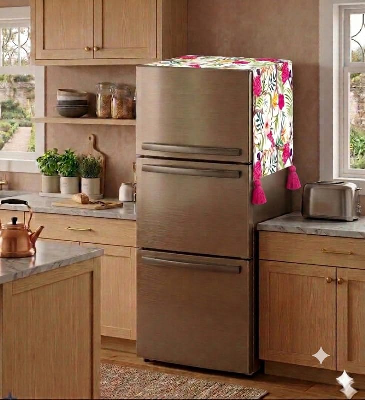 Image of WWW.THROWPILLOW.IN Fridge Top Cover for Triple Door 100-250L | Dustproof Refrigerator Cover with Corner Tassels | No Pockets | Floral Print | Fridge Cover Mat for Triple Door Fridge