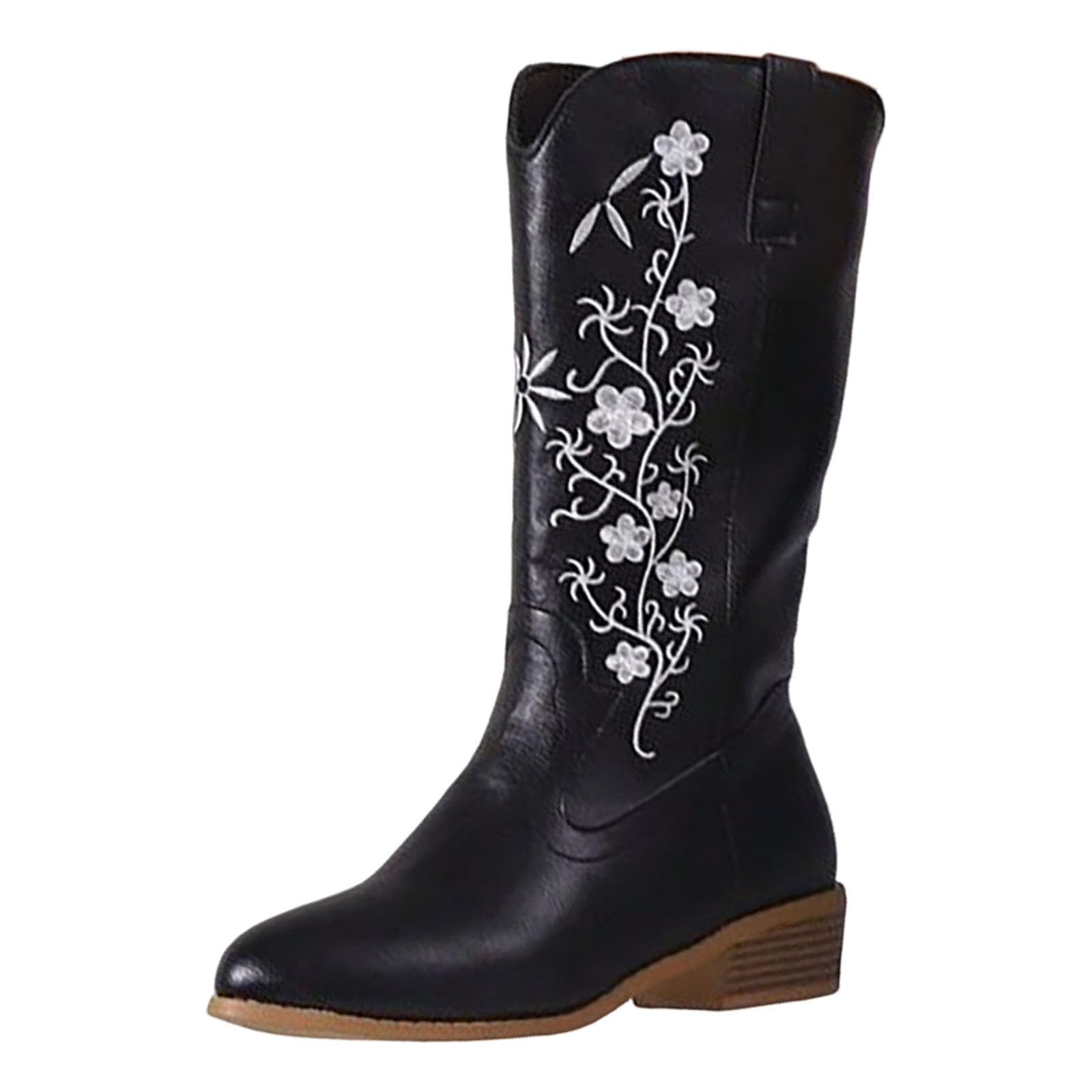GenericWomens Wide Mid Calf Boots Pointed Toe Embroidery Chunky Heel Large  Size Western Vintage Mid Calf Boots Leather Boots Long Boots Knee High