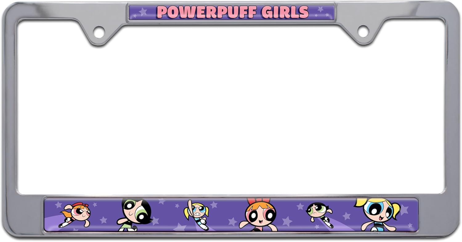 Elektroplate Officially Licensed Powerpuff Girls Cute Fierce 3D Doming Black All-Metal Open Corner License Plate Frame Tag Holder for Cars/SUVs/Trucks Weatherproof Automotive Accessory