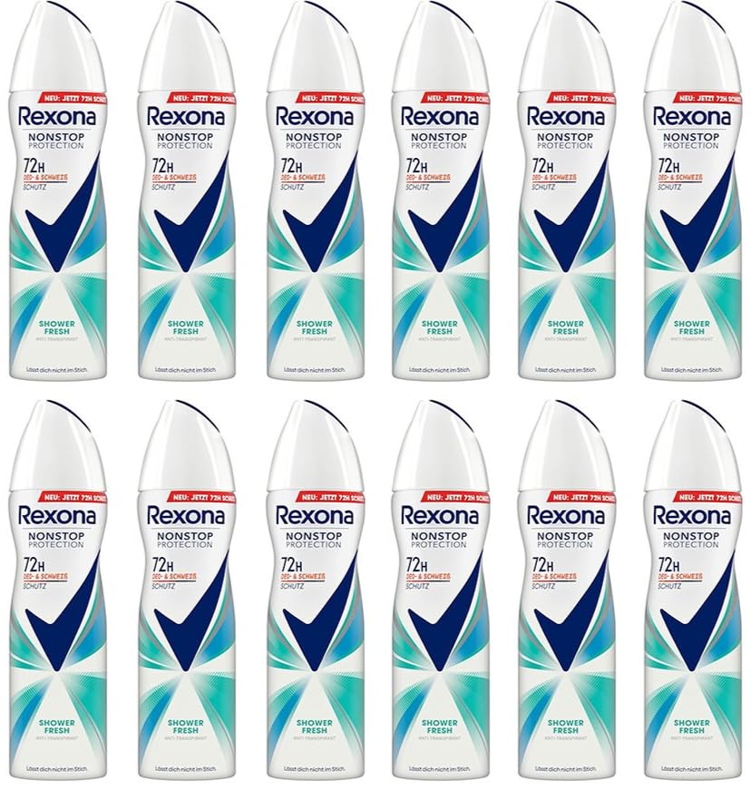 12x Rexona Nonstop Protection Deospray Shower Fresh Langanhaltend Frisch,Anti Transpirant mit 72 Stunden Schutz vor Schweiß und Körpergeruch,150 ml (12er Pack)