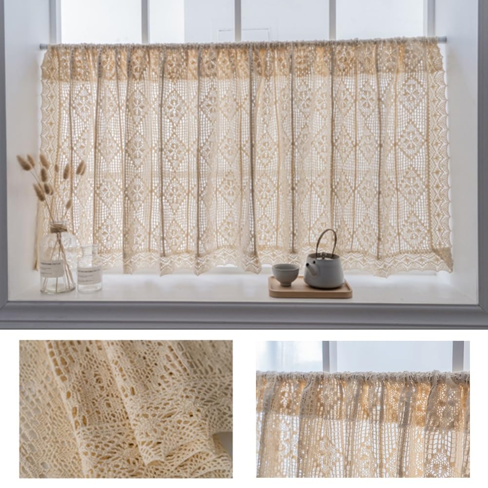 Tenda In Pizzo Bohemienne Per Finestre Piccole - Cotone Beige Trasparente Per Cucina, Bagno E Lavandino - Foto 7