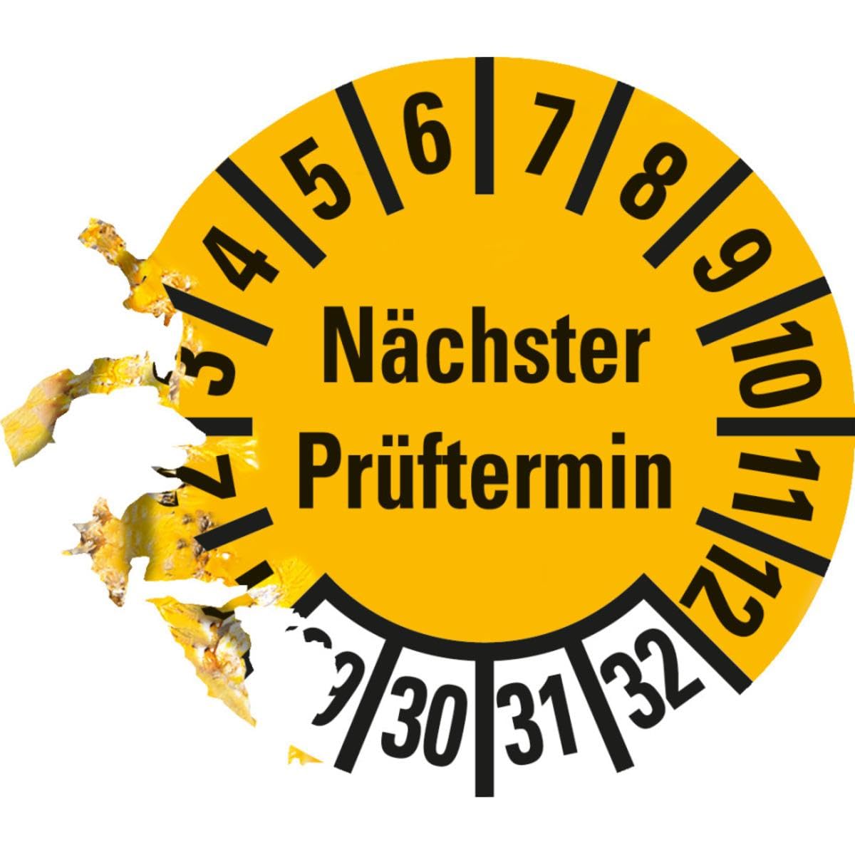 Mehrjahresprüfplakette Nächster Prüftermin 2029–2032, Ø10 mm, gelb/schwarz, 1000 Stück auf Rolle, Dokumentenfolie