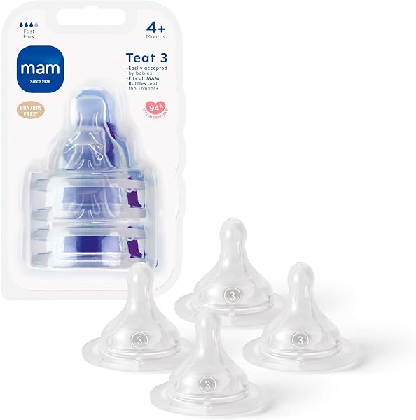 MAM Teats Size 3 | 4 Pack | Fast Flow | Suitable from 4+ Months | Fits All MAM Bottles | Made from SkinSoft Silicone | Baby Accessories - 1