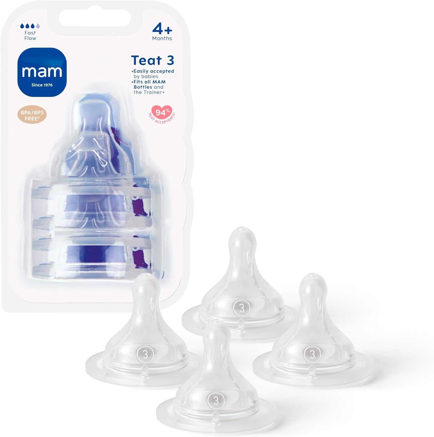 Teats Size 3 | 4 Pack | Fast Flow | Suitable from 4+ Months | Fits All MAM Bottles | Made from SkinSoft Silicone | Baby Accessories