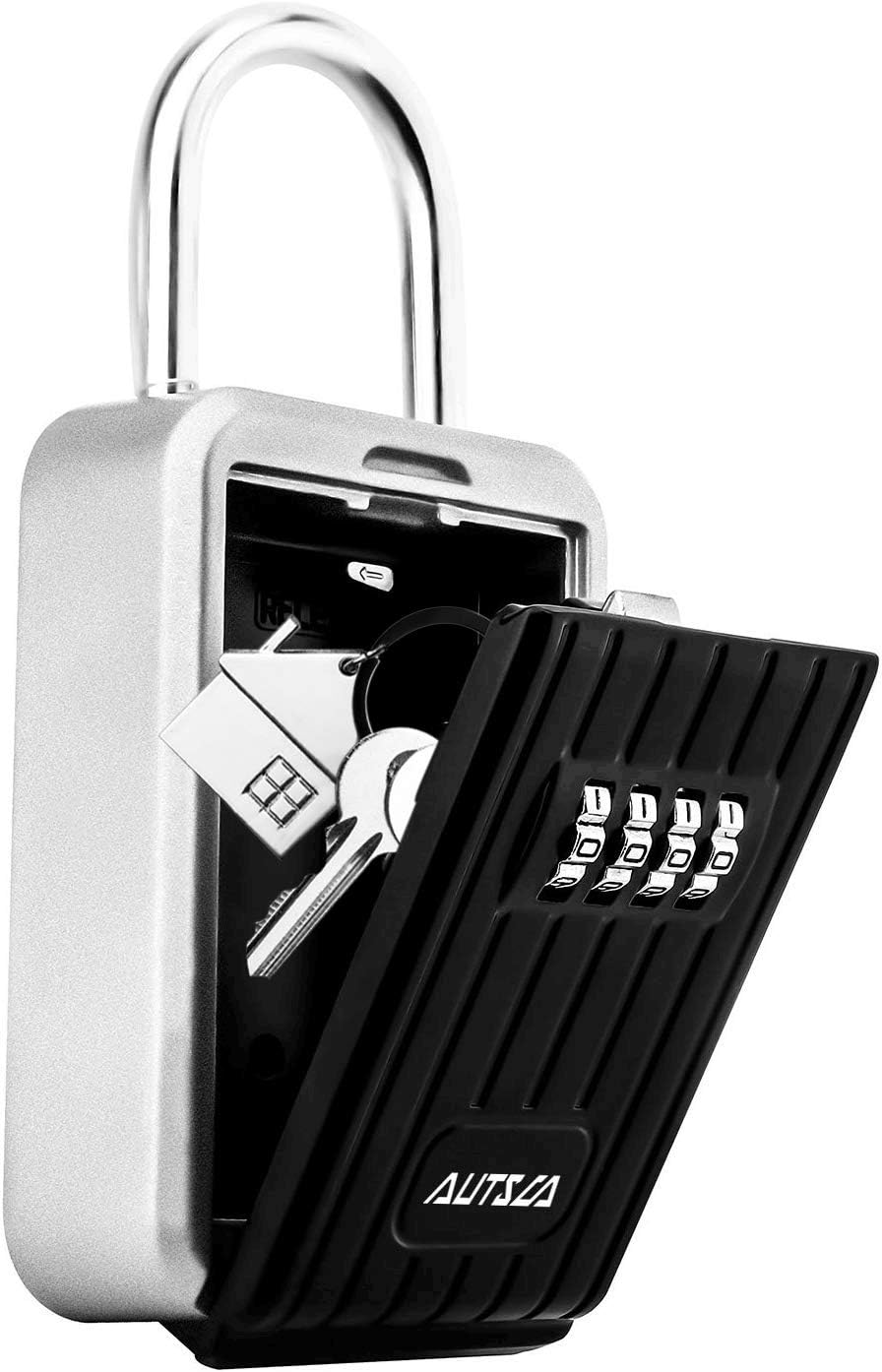AUTSCA Key Safe Wall Mounted Stainless Steel Key Safe Box Weatherproof 4 Digit Combination Key Storage Lock Box Indoor Outdoor (Black)