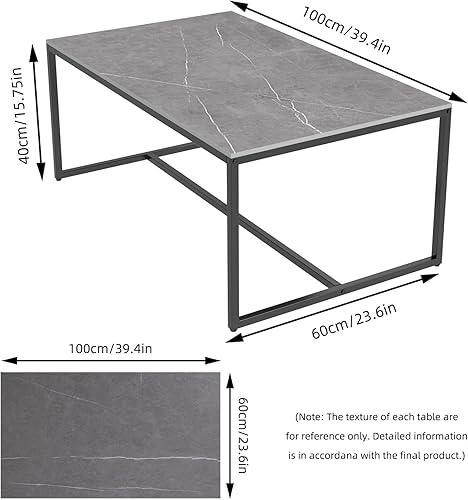 Miniatura 2 de Wisfor Mesa de centro de piedra sinterizada mesa central de sofá gris con marco de metal negro, mesa rectangular de decoración de muebles para sala