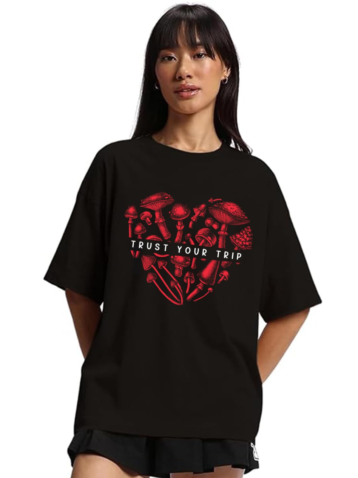 JUNEBERRY® Pure Cotton Round Neck Half Sleeve Oversized Baggy Fit Drop Shoulder Front Printed T-Shirt for Women