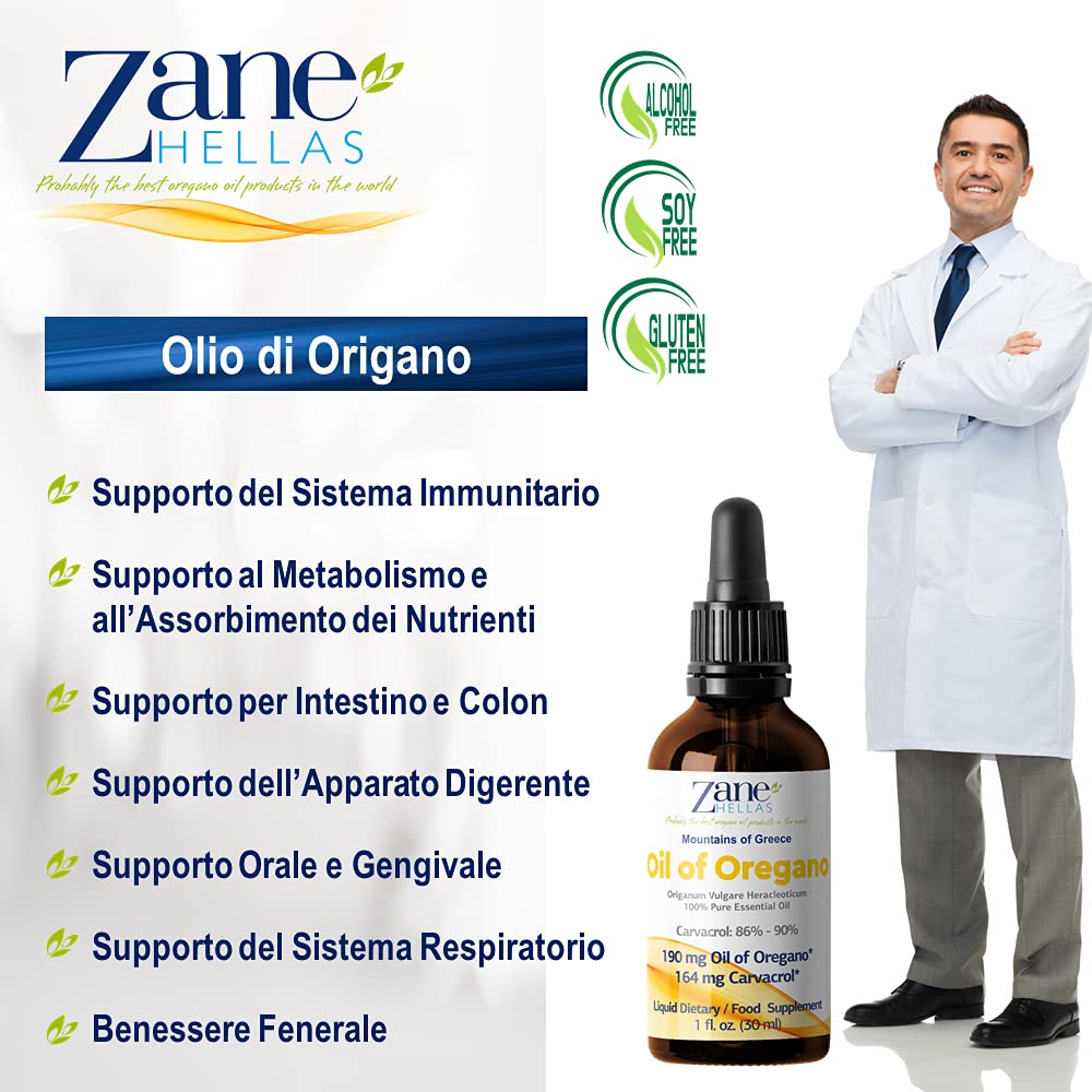 Zane Hellas 100% Olio di origano Non diluito.Puro Olio Essenziale Greco Puro di Origano.86% Carvacrolo Min.164mg Carvacrolo per porzione. 30ml