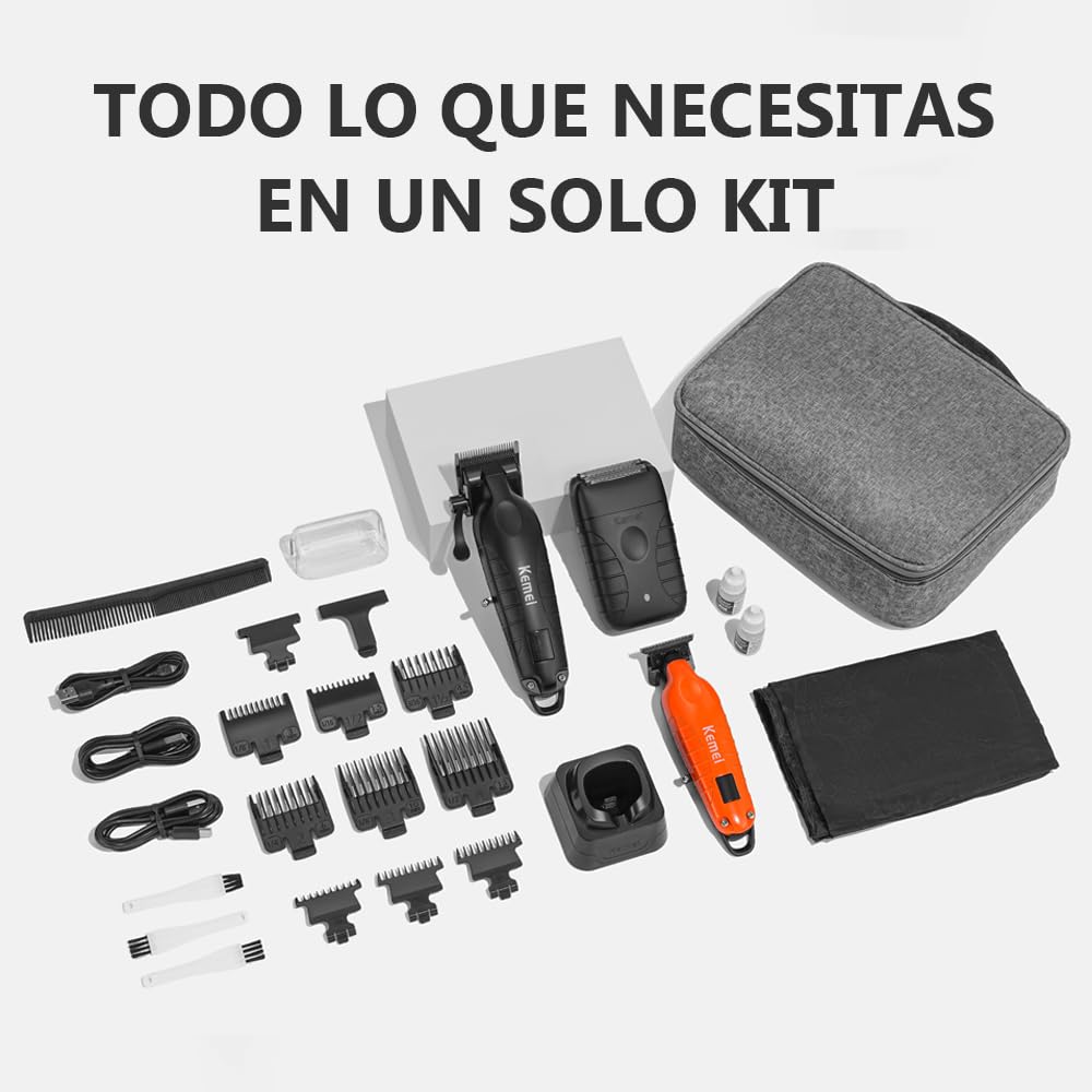 KEMEI Maquina de Cortar Pelo Hombre,Trimmer Profesional con Pantalla Digital & Máquina de Afeitar Eléctrica, Kit Peluqueria Hombre con 8000RPM motor, Carga Dual USB/Base(Naranja)