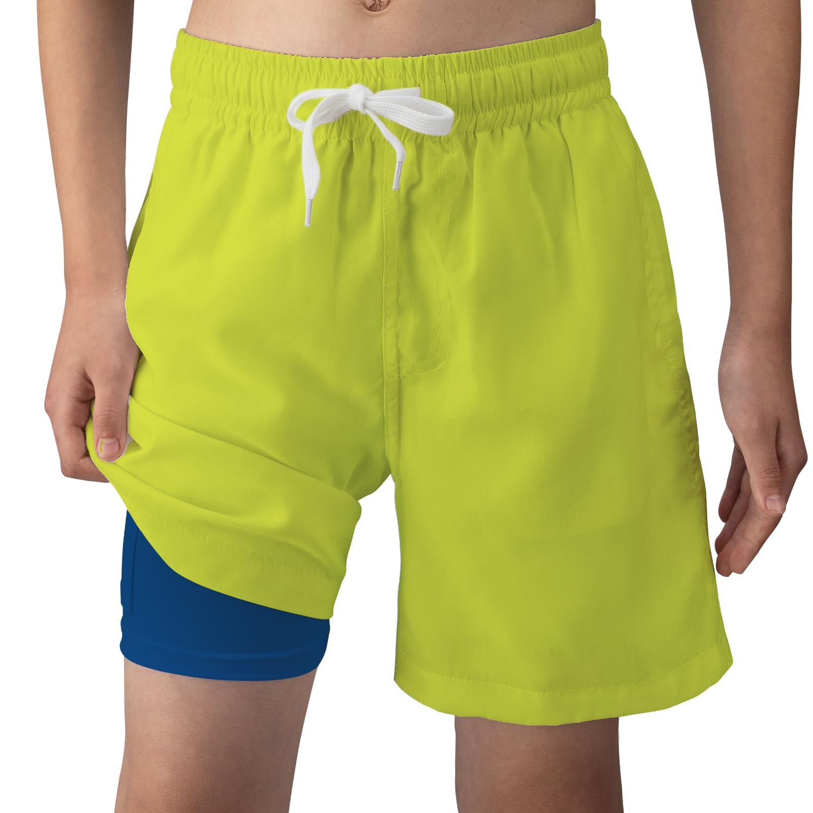 FHBSJTTG Boys Swim Trunks Neon Yellow with Boxer Brief Swim Shorts Quick Dry Bathing Suit Compression Liner Swimwear (US, Numeric, 10, 12, Regular, Yellow)