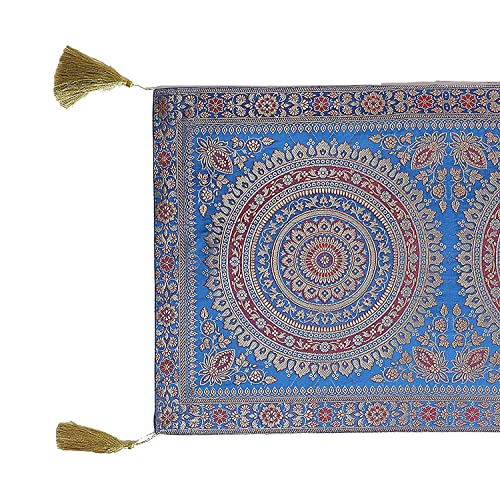 Image of Diwali Decor Brocade Jacquard Silk Table Runner Long Runner for Dinning & Centre Table Mandala Print 72 x 16 Inches (Turquoise)