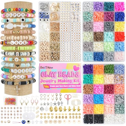 BestNow Clay Beads 3 Boxes Bracelet Making Kit Heishi Beads for Jewelry Making Round Letter Beads with Charm Elastic Strings Friendship Bracelets Holiday Arts and Crafts Gifts for Girls Adults