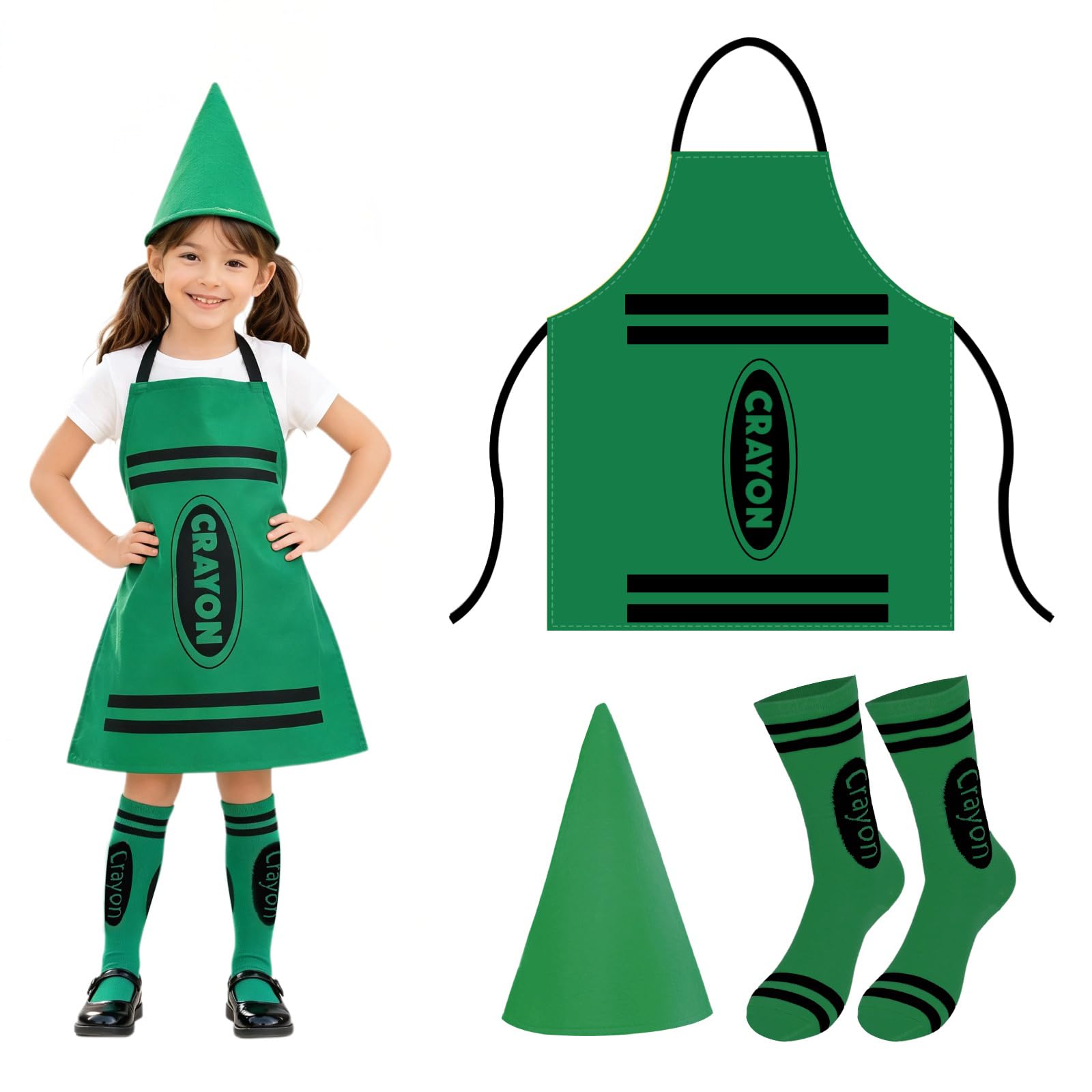 Crayon Costume Kids 3Pcs,Girls Boys Halloween Costume With Crayon Apron,Funny Cone Hat And Striped Socks,Colorful Crayon Fancy Dress For World Book Day,Halloween Party Group Cosplay Outfits (Green)