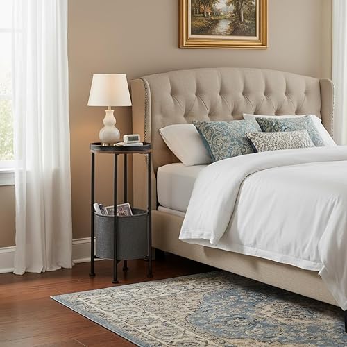 Miniatura 6 de Mesa auxiliar redonda pequeña con cesta de almacenamiento, mesa auxiliar redonda de 2 niveles para sala de estar y dormitorio, mesita de noche de 26