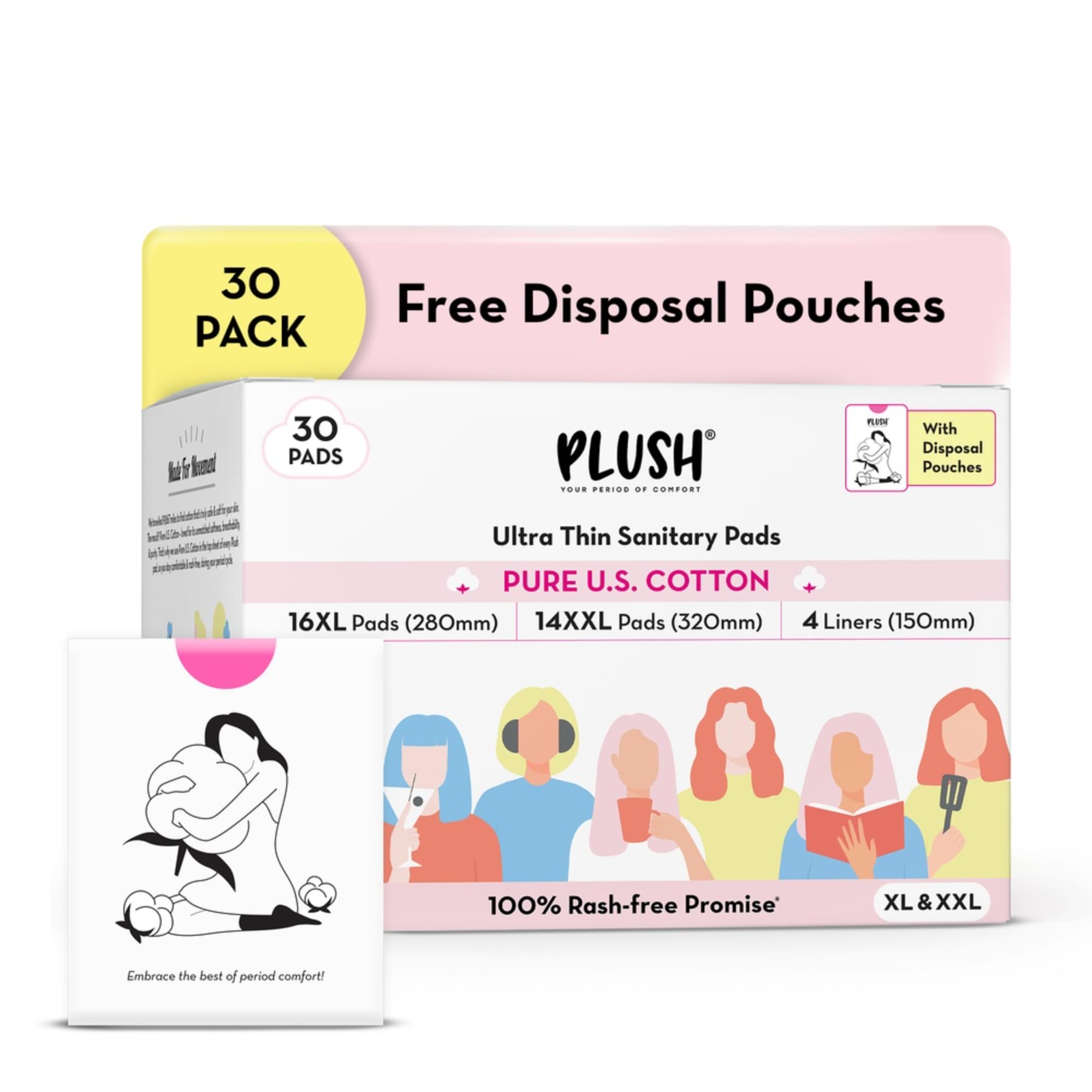 Plush Sanitary XL Napkin/Pads for Women with Disposable Pouches | Pack of 30 | 14 Heavy Flow Pads, 16 Medium Flow Pads Pads & 4 Panty Liners | 100% Pure U.S. Cotton Ultra-Thin, Rash Free| Vegan