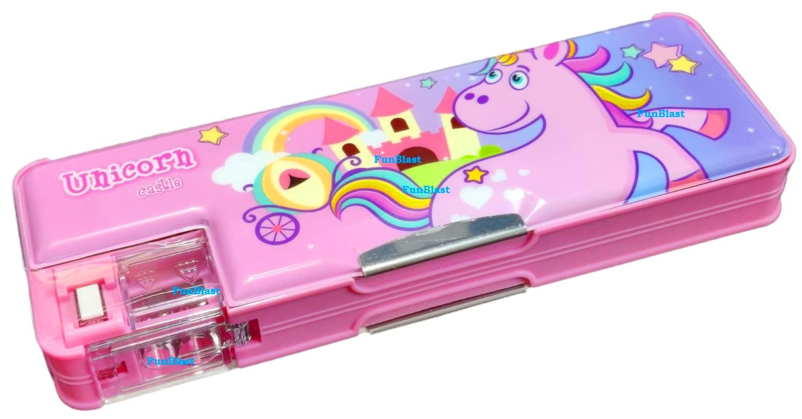 Funblast Magnetic Plastic Pencil Box With Sharpener Space Explorer Themed Luxury Pencil Case For Kids Stationary Organizer Pencil Box For Kids (Unicorn Castle)Multicolour
