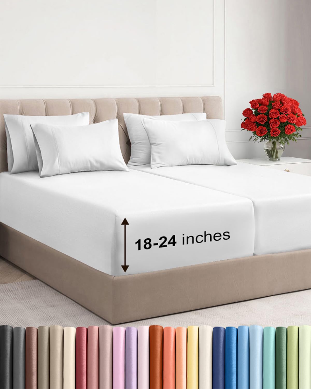 Extra Deep Split King Sheet Set - 7 Piece Breathable and Cooling Sheets - Hotel Luxury Bedding for