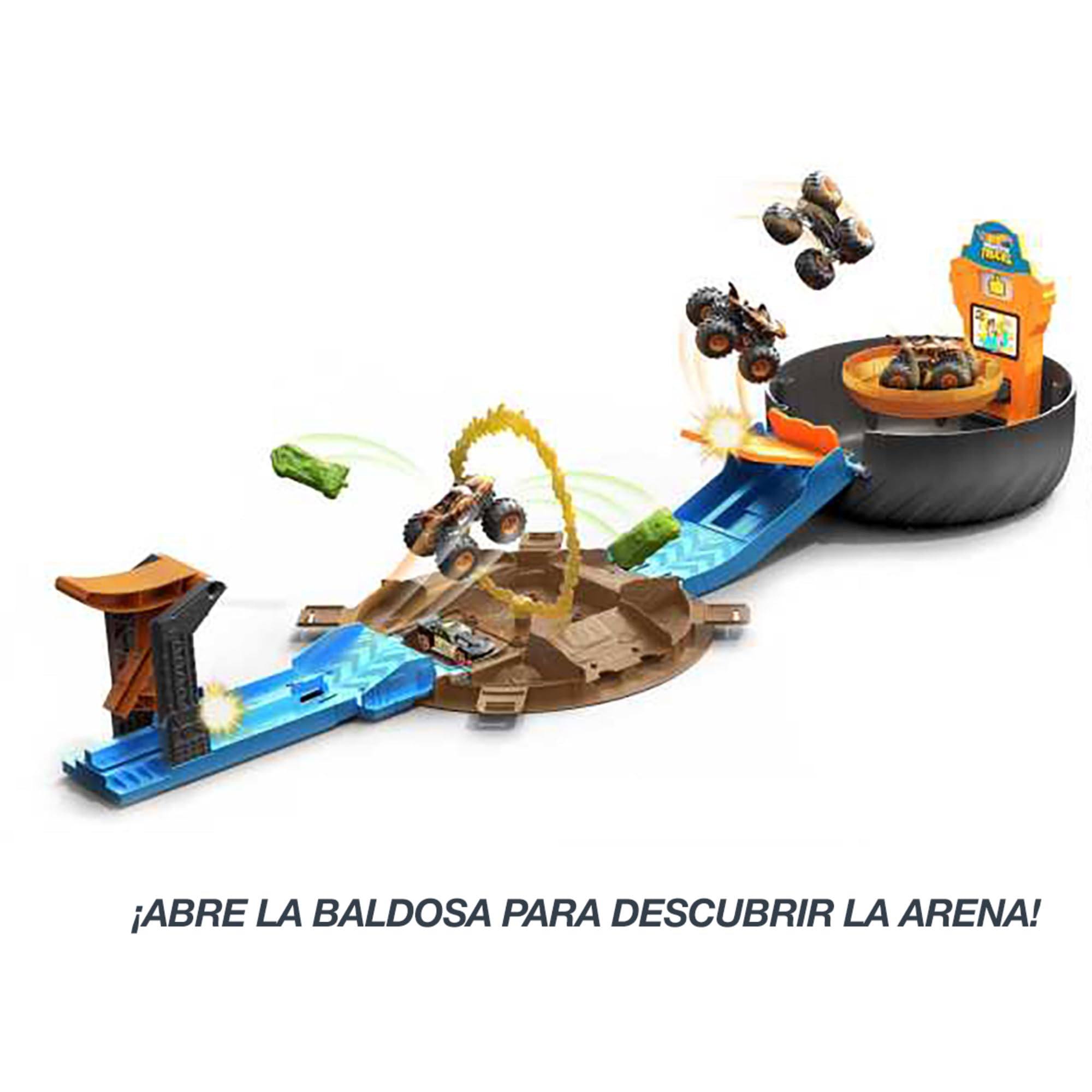 Hot Wheels Monster Trucks Rueda de Acrobacias Pista para Coches de Juguete, Incluye 3 vehículos Monster Trucks y 3, 4 años (HHY74)