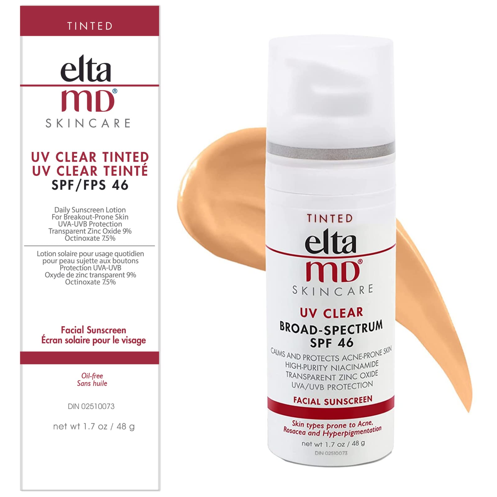 EltaMD UV Clear SPF 46 Tinted Face Sunscreen, Broad Spectrum Sunscreen For Sensitive Skin And Acne-Prone Skin, Oil-Free Mineral-Based Sunscreen, Sheer Face Sunscreen With Zinc Oxide, 1.7 Oz Pump