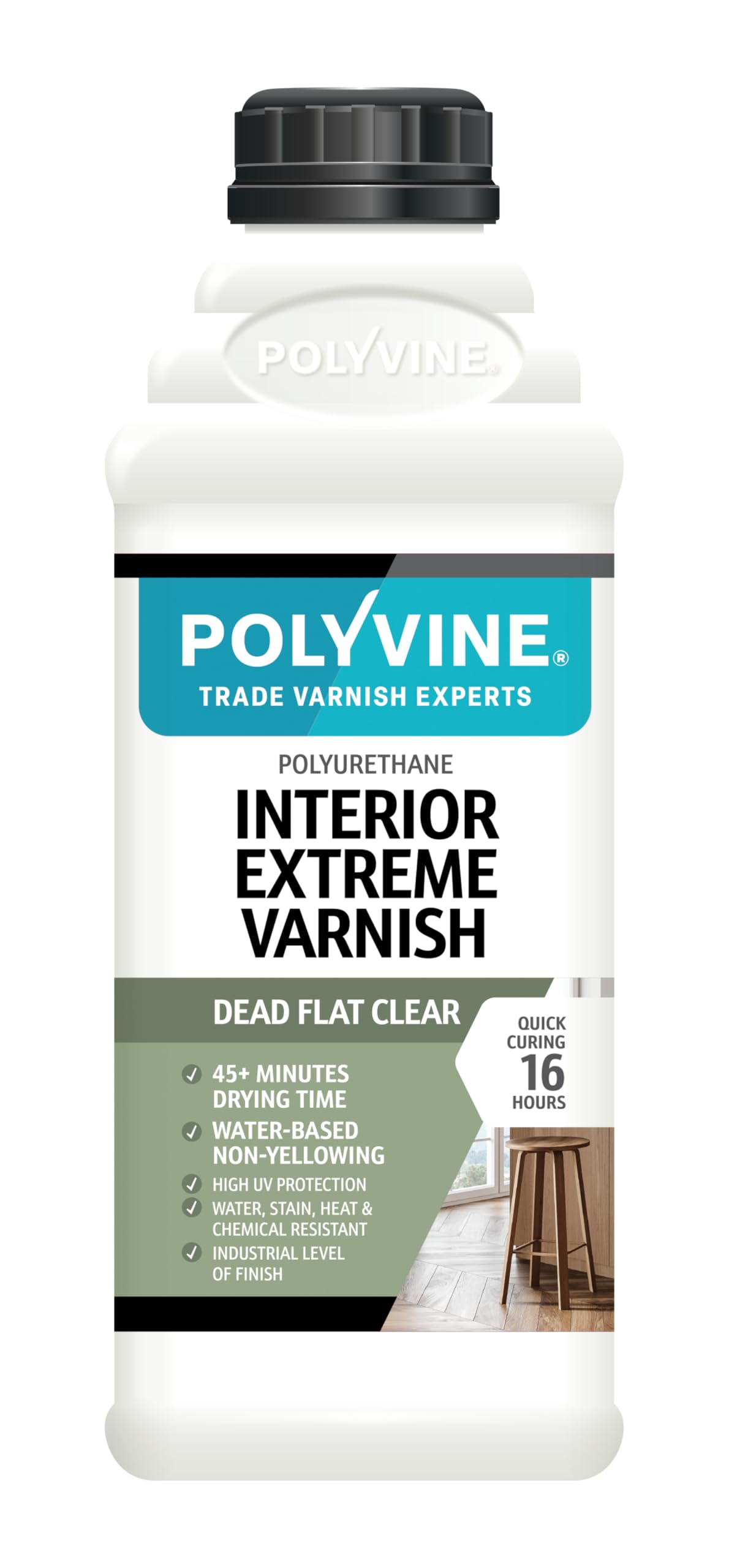 Polyvine Dead Flat Interior Extreme Varnish Satin Or – Quick Dry Polyurethane Clear Coat Multi Use Protective Coating - Water-Based, Uv, Heat, Stain, Water Resistant Sealer, 1L