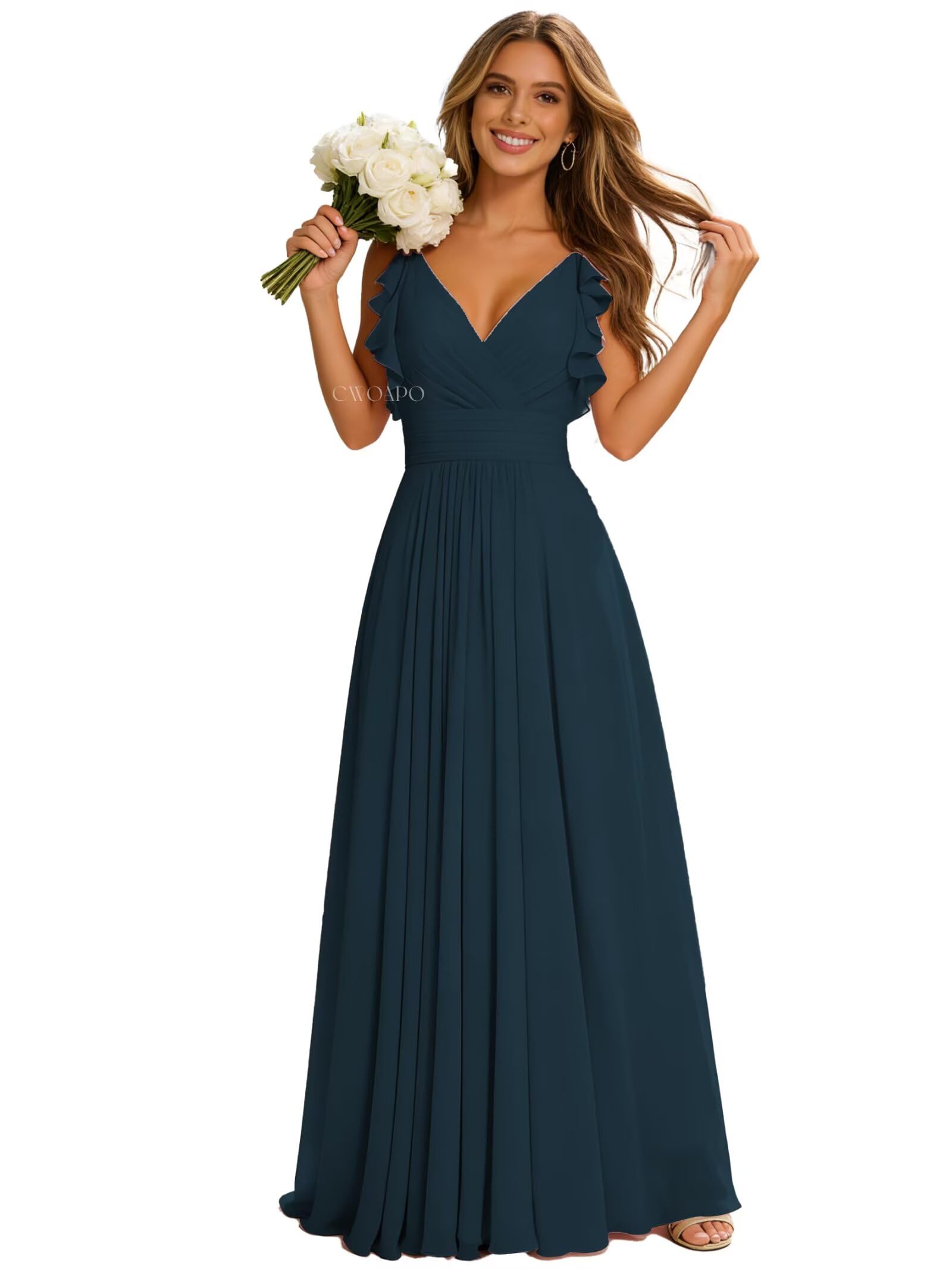 CWOAPO V Neck Bridesmaid Dresses for Women Long Ruffles Chiffon Spaghetti Straps A Line Pleated Formal Evening Gowns