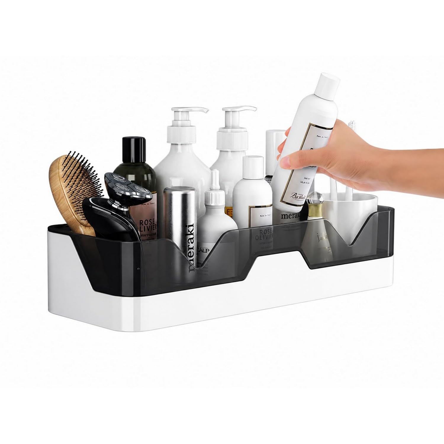 1 Tier Wall Mounted Bathroom Shelf Organiser, Plastic, No Drill Adhesive, for Shampoo, Soap and Toiletries-image-19