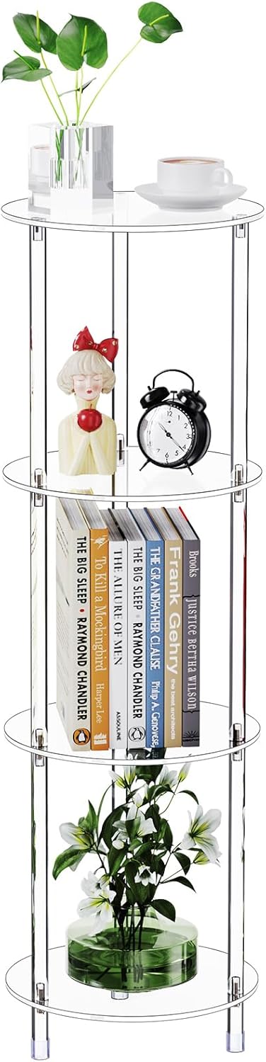 Clear Round Acrylic Side Table for Small Spaces, 11.81" L x 11.81" W x 38.7" H, 4 Tier Small Modern Drink End Table Nightstand, Minimalist Bedside Table for Living Room, Bedroom, Bathroom 4 Tier 1-Pack
