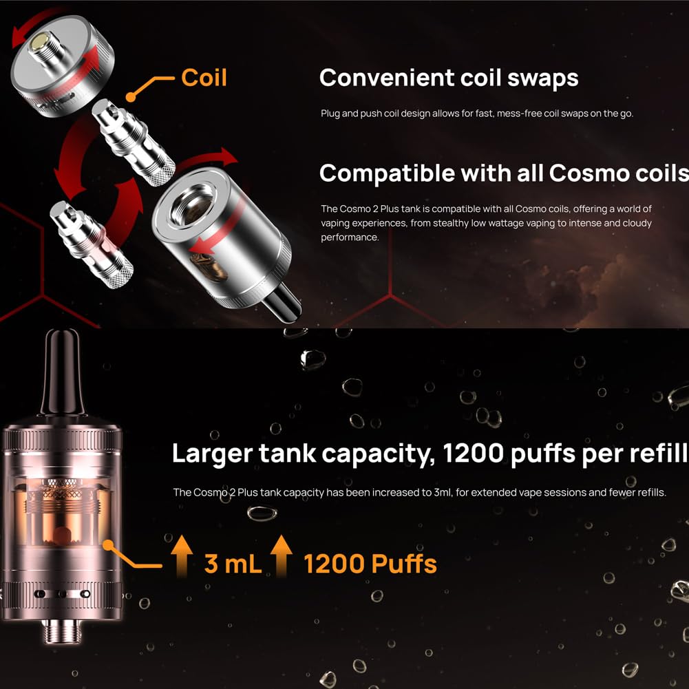 VAPTIO Cosmo 2 Plus Kit Elektronische Zigarette 3000mAh 35W Starter Kit mit Cosmo Spule 2 Stück 0,7ohm(C6) / 1,0ohm(C5),kein E-Liquid kein Nikotin(Schwarz)