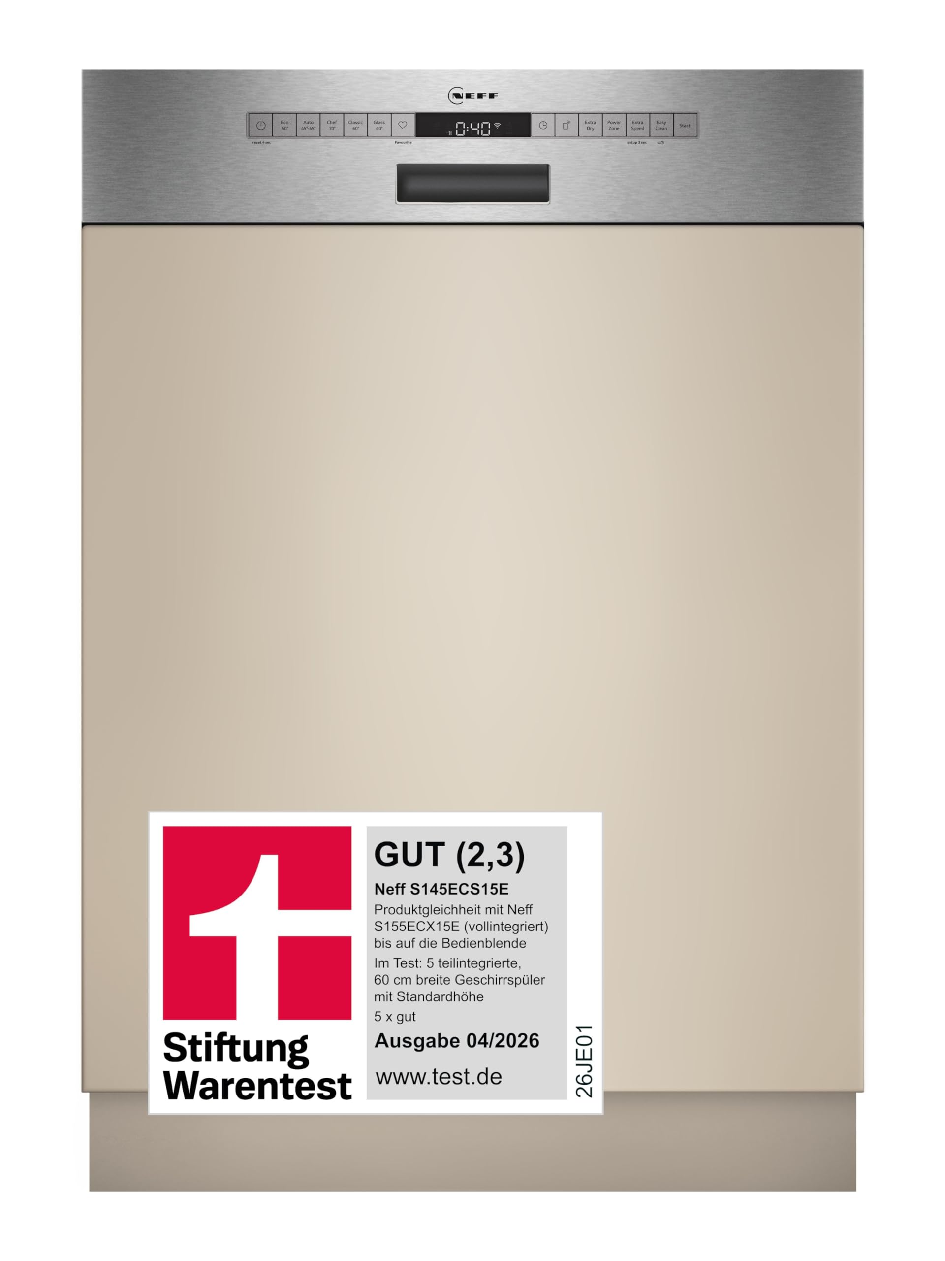 NEFF S145ECS15E, N 50, Smarter Geschirrspüler Teilintegriert 60 cm, Spülmaschine Made in Germany, Besteckschublade, sehr leise, Open Dry, starke Reinigung mit Chef 70°C, Smart Start, Gebürsteter Stahl