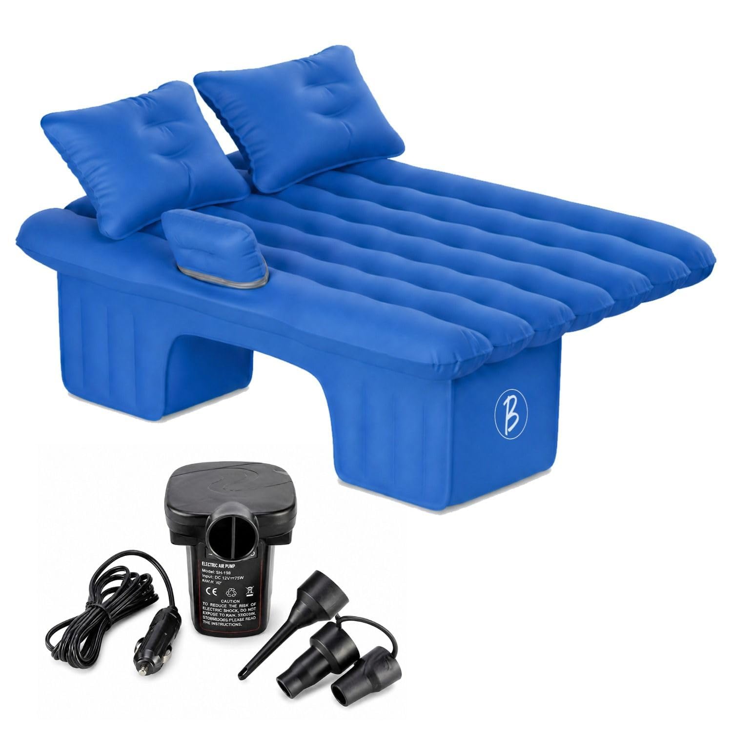 btag universal car back seat inflatable bed (130x80x40 cm) with pump & pillows | quick setup travel mattress | perfect for trips, camping & outdoor use (blue)