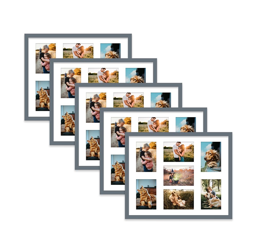 Grey Multi Photo Frame - Holds 7 x 6x4 Pictures, Family Collage Picture Frame for Wall Display, 20x16 Frame size, Set of 5