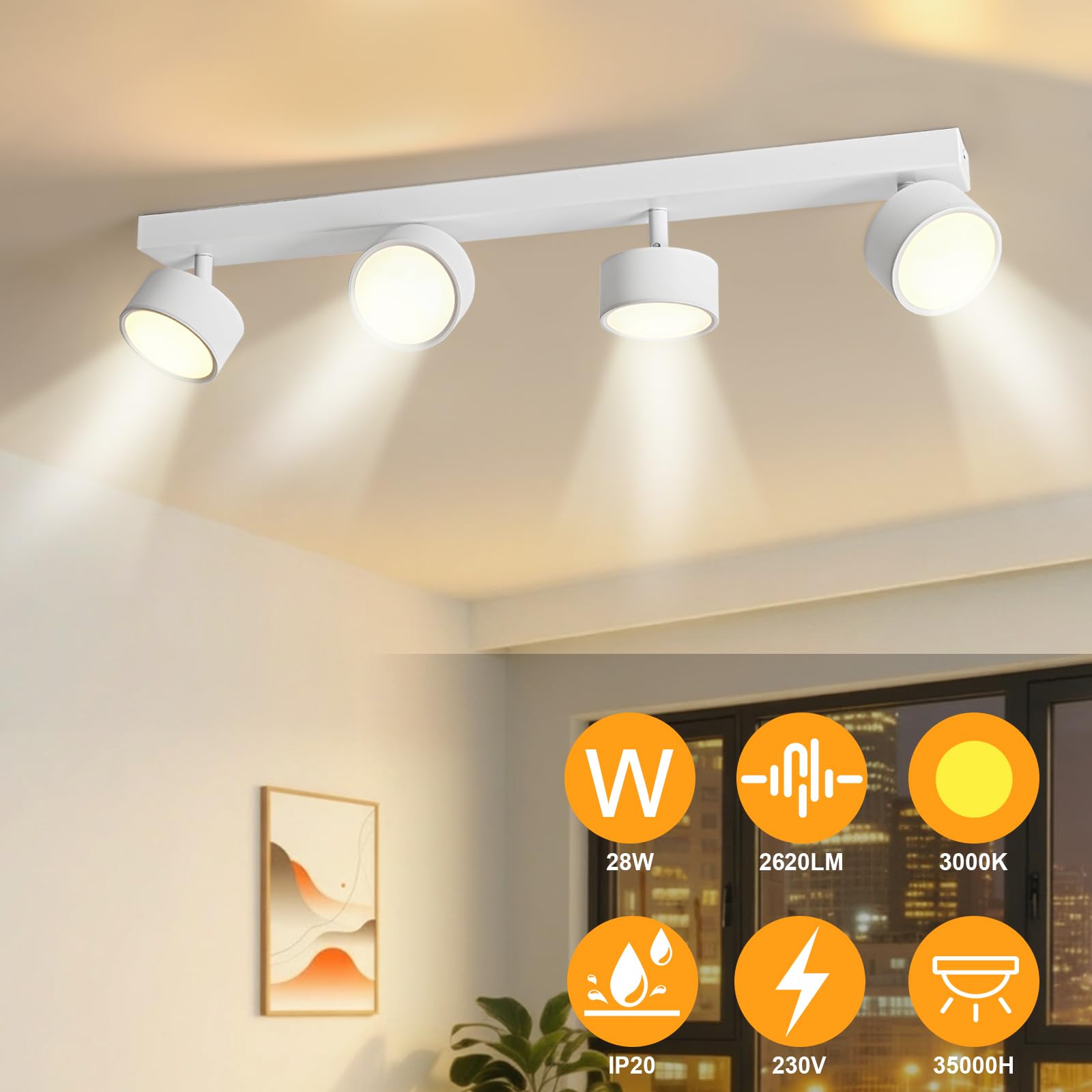 Deckenlampe LED 4 Flammig Deckenleuchte Wohnzimmer - Deckenstrahler Deckenlampe Weiß 24W Warmweiß LED Deckenspot Modern Schwenkbar Lampe Strahler Wandlampe für Flur Schlafzimmer Küche
